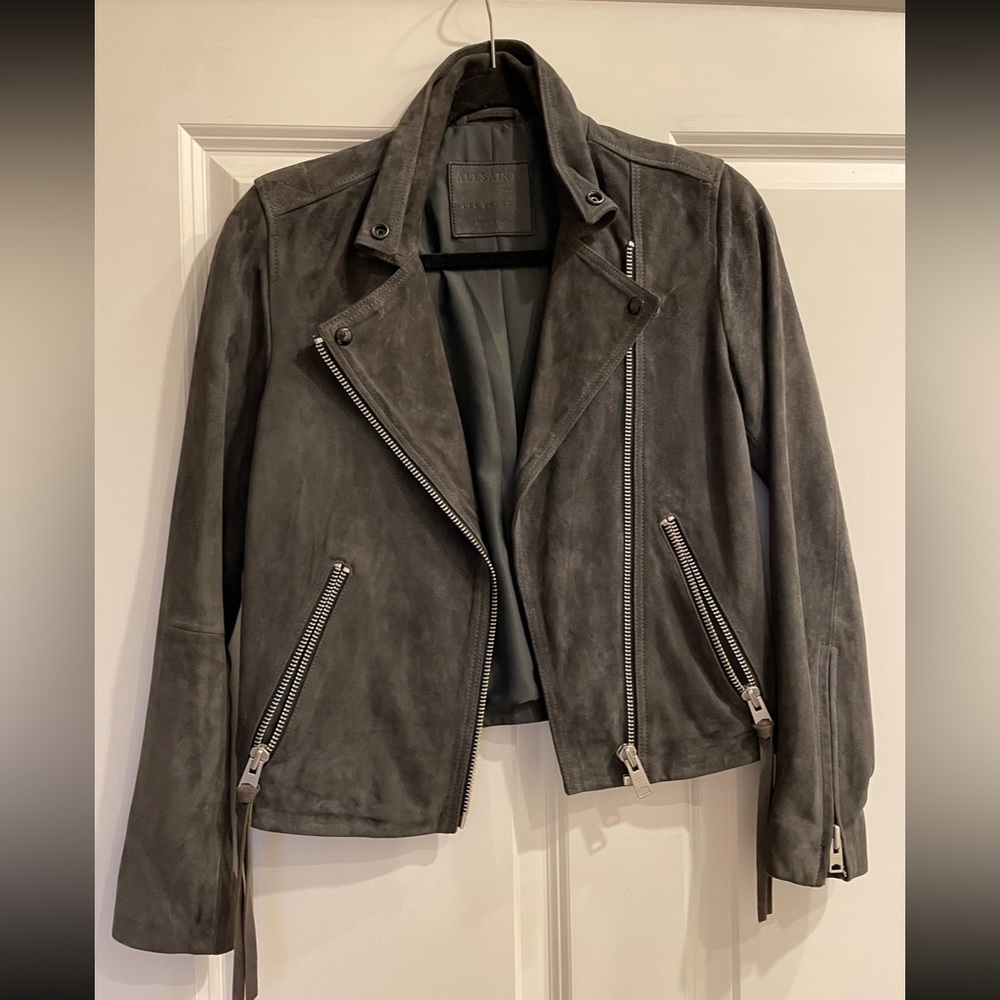 All Saints Suede Lamb Leather Biker Jacker - Dark Grey - Size 2